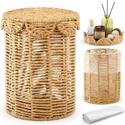 Ctosree 1.3 Gallons Small Wicker Trash Can with Lid Handle Woven Wicker Rattan Bathroom Waste Basket Boho Trash Basket with 100 Plastic Garbage Bags for Bedroom Laundry (Scalloped Style, Natural) - color: Natural, size: 1.3 Gallons, style: Scalloped Style