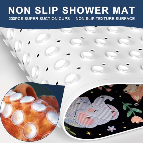 Baby Bath Mat for Tub Non Slip Kids, BPA Free Extra Long Bathtub Mat 40x16 with Drain Holes and 200 Suction Cups, Non Toxic Machine Washable Toddler Bath Mat, Eco-Friendly Certified - color: P-black Animal Collection