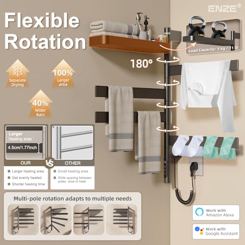 ENZE Smart Rotating Heated Towel Rack, 4-Bar Wall-Mounted, Gray | Electric Towel Warmer with Swivel Shelf, Wi-Fi App Control, 24H Timer, Stainless Steel, IPX5, Hardwired/Plug-in - color: Gray 17.72"x26.77"