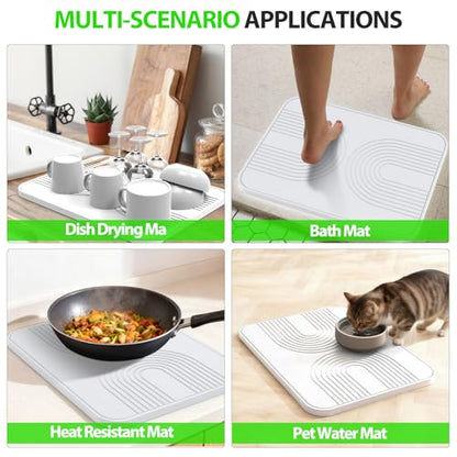 2 PCS Stone Dish Drying Mat ＆ Silicone Mat for Kitchen Counter – Diatomaceous Earth Bath Mat for Bathroom, 16.14"L×12.4"W×2 Quick Dry Mats for Dishes ,Bottles, Cups, Match Any Countertop(White) - color: White