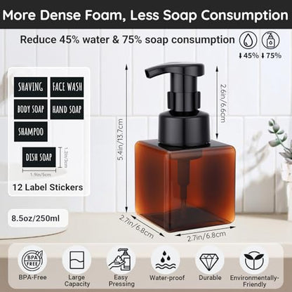 Segbeauty 8.5oz Empty Amber Foaming Soap Dispenser with Labels, 4pcs Shampoo Face Wash Bottles with Foaming Pump, 250ml Square Bathroom Kitchen Foam Liquid Containers, Plastic Hand Soap Dispensers - color: Amber, style: 4pcs 8.5oz