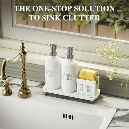 Cisily Housewarming Gifts New Home Basket, Kitchen Soap Dispenser Set Comes with Ceramics Sponge Holder, Silver Stainless Steel Pumps, and Instant Dry Tray, Hand and Dish Soap Dispenser Set - color: Silver + White+gift Box Packaging