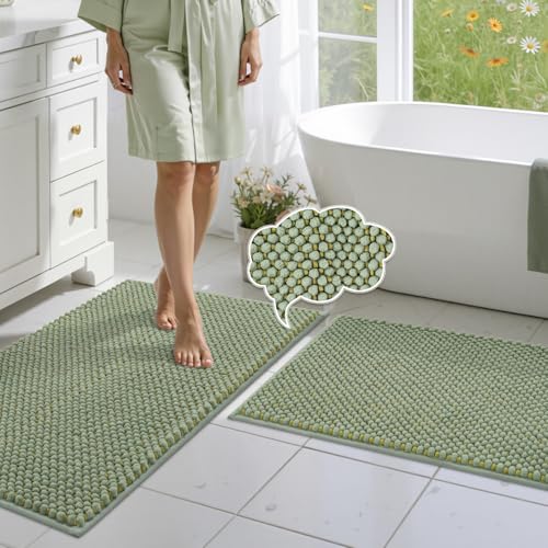 BSICPRO Bathroom Rugs Set 2 Piece, Thick Soft Multi-Color Chenille Absorbent Bath Mats, Non Slip Washable Bath Rugs, Shower Mat for Bathroom Decor (Sage and Mustard Green, 20" x 32" Plus 16" x 24") - color: Sage and Mustard Green, size: 20" x 32" Plus 16"