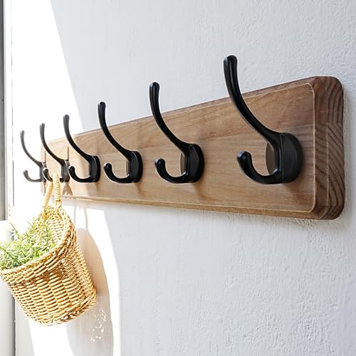 Wall Mounted Coat Rack: 24" Long, Patented, Heavy-Duty, 6-Double-Hooks Wooden Hanger Rail for Winter Coats, Hat, Jacket, Clothing - Weathered Brown, Pack of 2 - color: Weathered Brown & Black, size: L=24"(2pcs)
