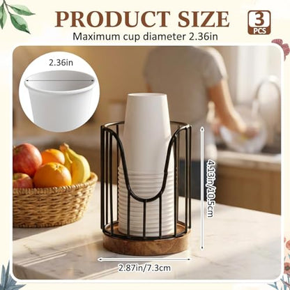 3 Pack Bathroom Cup Dispenser with Wood Stand for 3 oz Cups, Essential Guest Bathroom Accessories for Vanity Countertop Toothbrush Holders, Mouthwash Cup Dispenser, Cotton Pad Rack, Black
