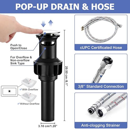 Herogo Bathroom Sink Faucet 1 or 3 Holes, Brushed Nickel Bathroom Faucet with Pop-up Drain, Hooks & Water Supply Hoses, Stainless Steel, Single Handle, for Vanity RV Farmhouse - color: Brushed Nickel