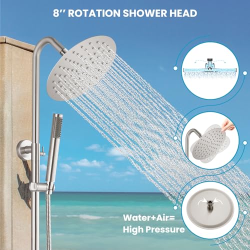 gotonovo 304 Stainless Steel Outdoor Shower Fixtures Exposed,Brushed Nickel | 8 Inch Rain Showerhead with Handheld Sprayer Outdoor Outside Shower Kit System Faucet Head Valve Wall Mount for Pool Backyard - color: Nickel