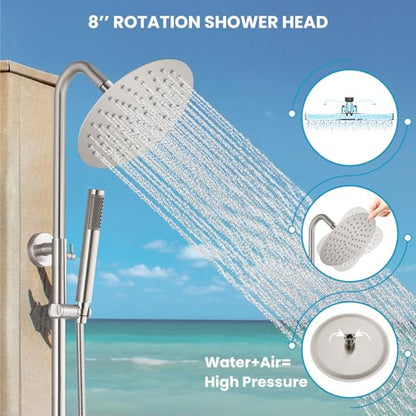 gotonovo 304 Stainless Steel Outdoor Shower Fixtures Exposed,Brushed Nickel | 8 Inch Rain Showerhead with Handheld Sprayer Outdoor Outside Shower Kit System Faucet Head Valve Wall Mount for Pool Backyard - color: Nickel