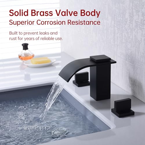 SUMERAIN Matte Black 8 Inch Widespread Waterfall Bathroom Sink Faucet | 3 Hole, 2 Handles, Modern Design, Easy DIY Installation - color: Matte Black