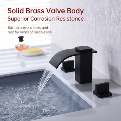 SUMERAIN Matte Black 8 Inch Widespread Waterfall Bathroom Sink Faucet | 3 Hole, 2 Handles, Modern Design, Easy DIY Installation - color: Matte Black