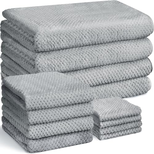 Preboun 4 Sets Bath Towels and Washcloths for Bathroom,Grey | 12 Pcs Microfiber Quick Dry Coral Fleece Highly Absorbent for College Dorm Beach Pool Spa Fitness Sports Shower Travel Hotel - color: Grey