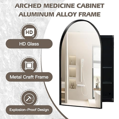 Arched Medicine Cabinet, Recessed Medicine Cabinet Surface Mount Medicine Cabinet with Mirror and Adjustable Shelves Medicine Cabinet Wall Mounted Bathroom Mirror Cabinet, 24x36 Inch (Black) - color: Black