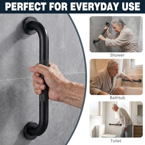 Anti Slip Grab Bars for Shower, 2 Pack 16 Inch Textured Bathroom Safety Grab Bar, 304 Stainless Steel Non-Slip Handle for Seniors Elderly, Handicap Bathtub & Toilet Support, Matte Black