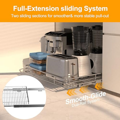 Pull Out Cabinet Organizer 24" W x 21" D, Chrome-Plated Steel | Slide Out Kitchen Shelves, Heavy-Gauge Wire Storage Drawer, Ball-Bearing Glides, 100 Lb Capacity, Min 25" Cabinet Opening - size: 24" W x 21" D