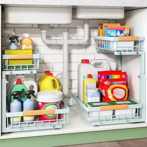 Kitstorack Under Sink Organizer, 2 Tier Under the Sink Storage, Slide out Pull out Cabinet Organizer Shelf, Metal Sliding Drawer for Kitchen Bathroom Pantry Closet Organization Rack, Blue, 2 Pack - color: Blue, size: 2 Pack