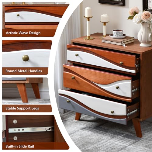 Ahokua 3-Drawer Dresser with Sculpted Wave Fronts, Tri-Color Drawer Design, Modern Chest of Drawers Storage Cabinet for Bedroom, Living Room, Hallway, or Office