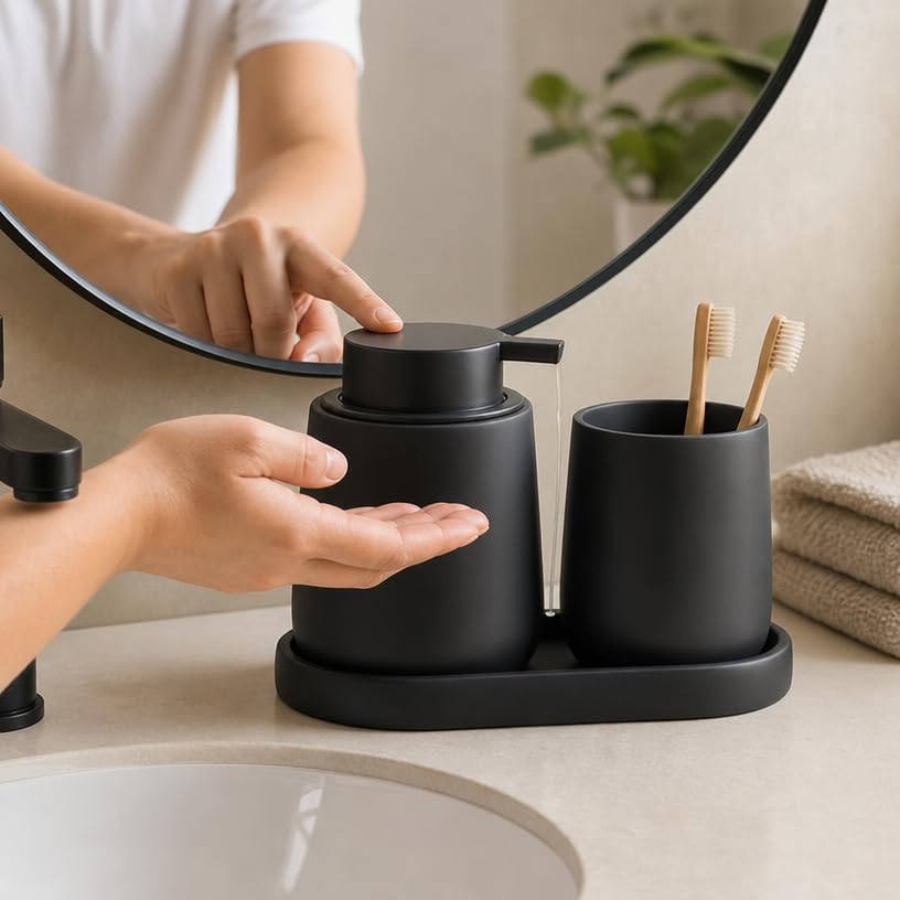 Ceramic Bathroom Accessories Set, 3 Pieces with Soap Dispenser, Toothbrush Holder, and Cup, Matte Black, Polished Finish (Balck) - color: Balck