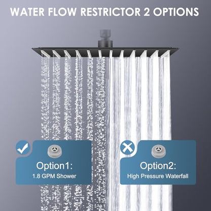 12 inch Matte Black Rain Shower Head - All Metal 304 Stainless Steel, Full Body Rainfall Shower with 144 Silicone Nozzles - Square Showerheads Ceiling or Wall Mount Modern Bathroom - color: B-Matte Black, size: 12 Inch Square
