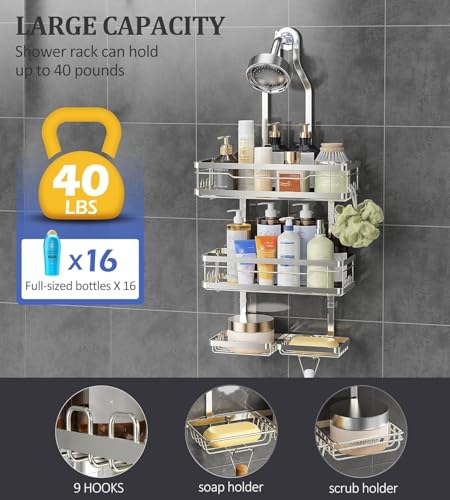 OMAIRA Shower Caddy Hanging with Soap Scrub Holder, Stainless Steel Adjustable No Drilling Non-Slip Large Capacity Sturdy Over Shower Head Shower Organizer Inside Shelves Bathroom Storage Rack, Silver - color: Silver