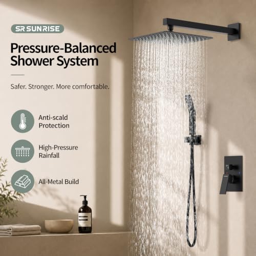 SR SUN RISE Black Square Rainfall Shower Head and Handle Set, Wall Mounted Shower Fixtures, Metal Shower Faucet Trim Repair Kits (With Shower Valve) - color: Matte Black, size: 10 Inch