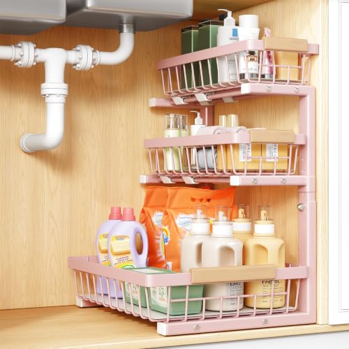 PXRACK Under Sink Organizer, 1-Pack 3-Tier Height Adjustable Thickened Metal Pull out Cabinet Organizer Shelf, Slide out Storage Drawer Rack for Bathroom Kitchen Pantry Home Organization, Pink - color: Pink, size: 1-Pack