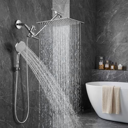 Shower Head, 10 Inch High Pressure Rainfall Shower Head/Handheld Shower Combo with 11 Inch Extension Arm, 9 Settings Adjustable Anti-leak Shower Head with Holder/Hose, Height/Angle Adjustable