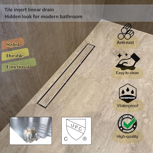 Neodrain 18" Linear Shower Drain with Tile Insert Grate & Shower Drain Base | 304 Stainless Steel, Fast Drainage, Rectangle Shower Floor Drain with Leveling Feet & Hair Strainer, Fits Bathroom, Balcony - color: Brushed With Base, size: 18 IN