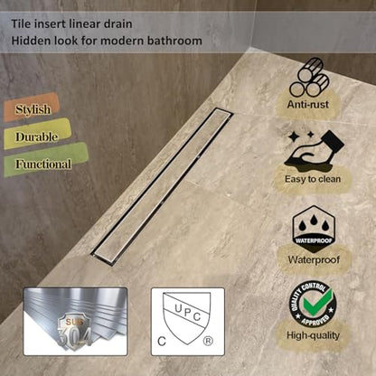 Neodrain 18" Linear Shower Drain with Tile Insert Grate & Shower Drain Base | 304 Stainless Steel, Fast Drainage, Rectangle Shower Floor Drain with Leveling Feet & Hair Strainer, Fits Bathroom, Balcony - color: Brushed With Base, size: 18 IN