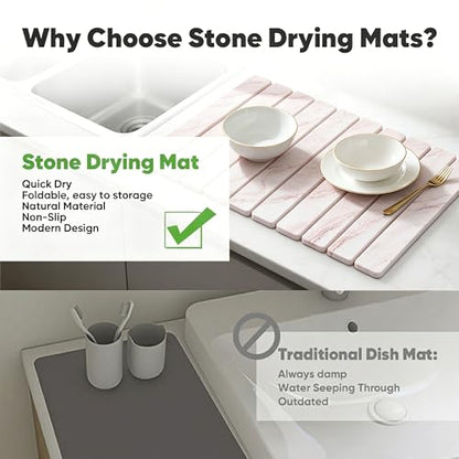 Stone Drying Mat for Kitchen Counter, Quick Diatomaceous Earth Mats for Dishes, 24"L x 16" W Super Absorbent Fast-Drying Collapsible Countertop Stone Mat (Marble White-07, 24" x 16") - color: Marble White-07