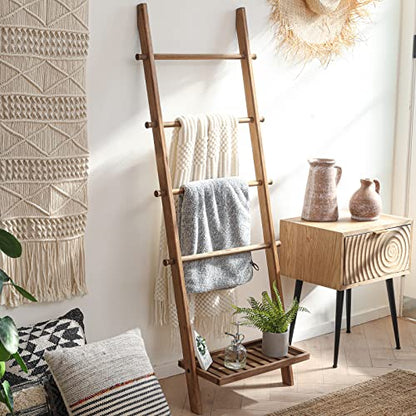 Blanket Ladder, 57in Wood Rustic Decotative Ladder with Bottom Shelf | bottom shelf, towel quilt display holder, organize blanket, leaning wall, living room and bathroom use