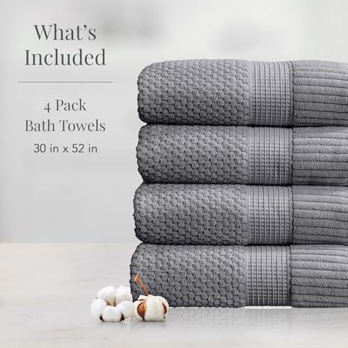 NY Loft 100% Cotton 4-Pack Bath Towel Set | Grey | Oeko-TEX | Quick-Dry | Four 30" x 52" Bath Towels | Super Absorbent | Designer-Styled Texture - color: Charcoal Grey, size: Bath Towel (4 Pack)