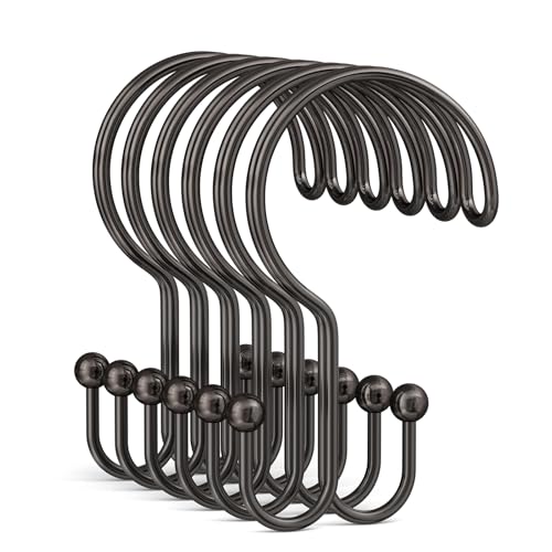 Bathway Bronze Shower Curtain Hooks Ring, 12 Pcs Double Sided Shower Hooks, Rust Proof Metal Shower Hooks for Bathroom, Anti-Drop Shower Rings for Shower Curtain & Liners - color: Bronze, style: Double-layer Shower Hooks