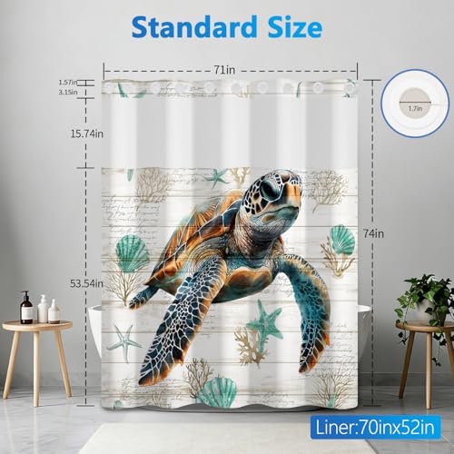 Ocean No Hook Shower Curtain and Snap in Liner Set, Wood Grain Turtle Shower Curtain with Liner and Weighted Hem, 71x74 Inch Heavy Duty Waterproof Fabric Sheer Top Window Shower Curtain for Bathroom - color: Giant Turtle