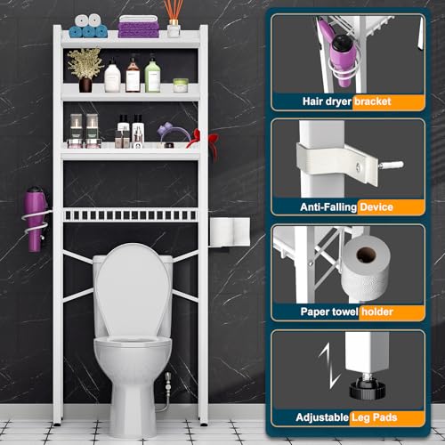 Over The Toilet Storage Cabinet,4 Tier Bathroom Organizer and Storage With Adjustable Shelf Waterproof Feet Pad and Basket Multifunctional Space Saver Freestanding Bathroom Shelves With Dividers White - color: White