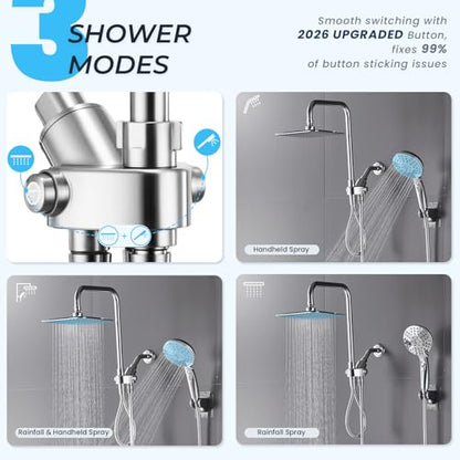 Dual Shower Head Combo, 8'' High Pressure Rain Shower Head with Handheld Spray, 6+1 Spray Settings Handheld Showerhead, Height Adjustable, One-touch Pause Button, Chrome Polished - color: Bright Silver
