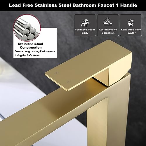 Brushed Gold Vessel Sink Faucet, Tall Bathroom Sink Faucet | Stainless Steel Single Hole Gold Bathroom Faucet, Single Handle Tall Vanity Faucet with Pop Up Drain - color: Brushed Gold, size: Tall