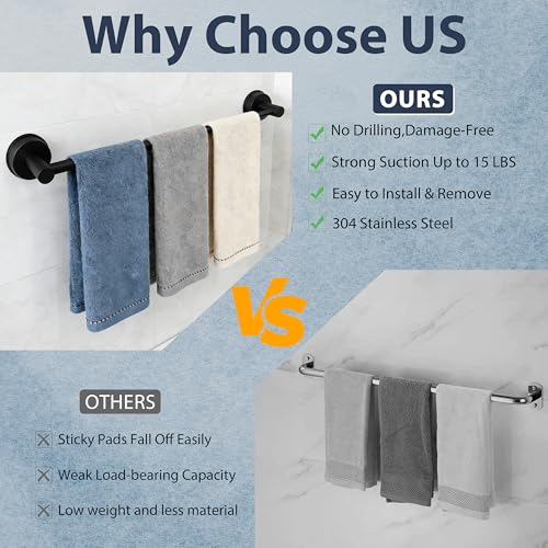 Towel Racks for Bathroom Suction Cup Towel Bar 14.6-24in Adjustable | No Drill Bathroom Towel Holder, Stainless Steel Construction, Heavy Duty Wall Mounted (Matte Black) - color: Matte Black