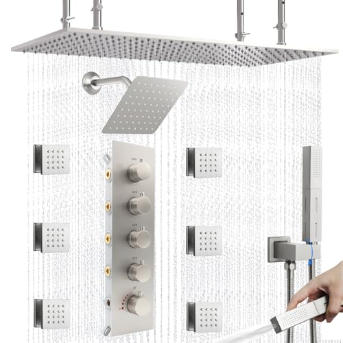 Dual Shower Heads System 16"x32" Ceiling Mount Rainfall and 6" Wall Mounted Shower Heads with 6 body Jets Thermostatic Shower Valve Full Body Shower System,Brushed Nickel - color: Brushed Nickel