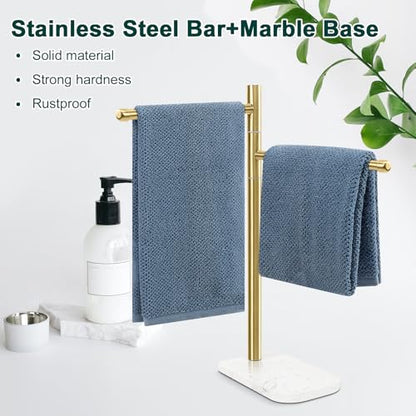 Hand Towel Holder, F-Shape Hand Towel Stand with Marble Base, Stainless Steel Swivel Hand Towel Rack Bar Standing for Bathroom Kitchen Countertop, 2 Arms (Gold) - color: Gold