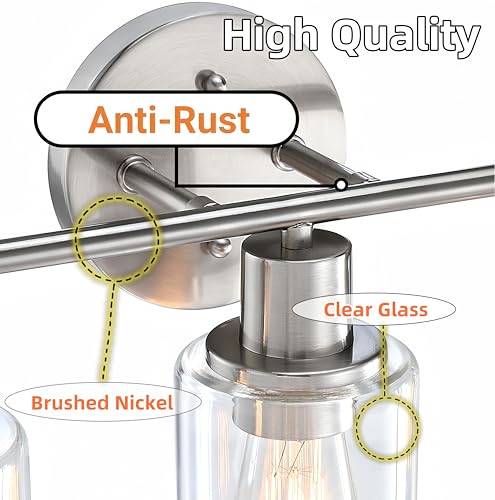 WISBEAM Brushed Nickel Bathroom Vanity Light, 3 Light Bathroom Light Fixtures Over Mirro with Clear Glass Shade Including E26 Medium Base, Bulb NOT Included - color: Silver, size: VNT004