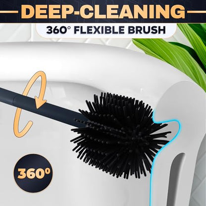 Toilet Bowl Brush and Holder, Silicone and Plastic (Black) | Compact Toilet Brush, Easy to Place and Simple to Store After Use, Strong Rubber Plunger & Stiff Bristle Brush - color: Black