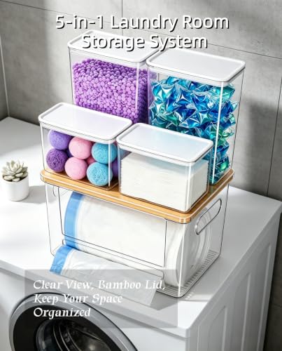 5-in-1 Under Sink Organizer with Trash Bag Dispenser & Acrylic Containers, Clear Laundry Pod & Dishwasher Pod Storage, Bamboo Lid Kitchen Pantry Organization