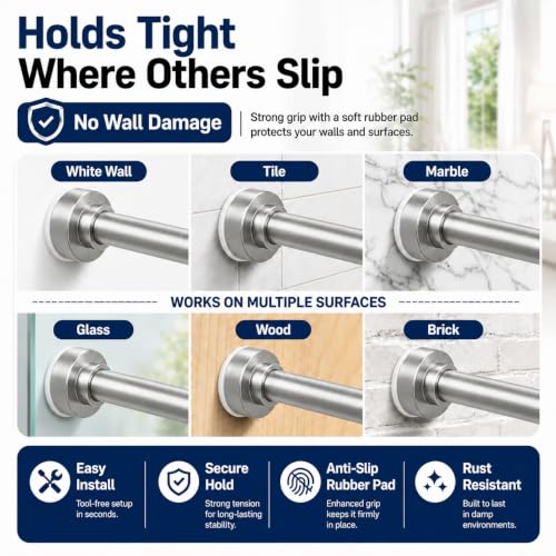 Adjustable Shower Curtain Rod - Rust Free Shower Rods 26-78 Inches | Extendable No Drill Curtain Rod, Heavy Duty Tension Rod for Hanging Home, Bedroom, Closet & Showers Curtains - color: Silver