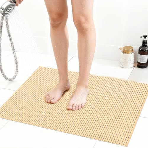 Extra Large Non-Slip Shower Mat, Fast-Dry PVC Bath Stall & Tub Mat, Drain-Hole Design,for Shower Stall Tub for Elderly/Kids，Non Slip Bathroom Safety Accessory，Beige 32"x17" - color: Beige, size: 32" x 17" (Rectangular)