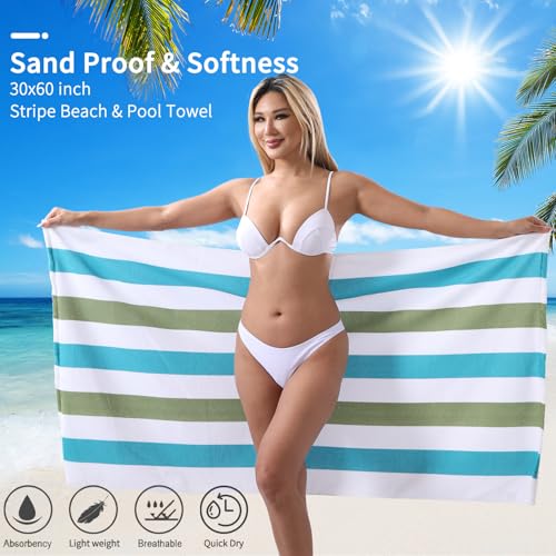 Beach Towel Set-4 Pack 30"x60" Sand Free Stripe Beach Towel for Pool,Bathroom,Soft Absorbent Quick Dry Lightweight Beach Bath Towel,Camping Blanket,Travel Towel,Beach Essentials for Adults,Teal/Green - color: Teal/Green