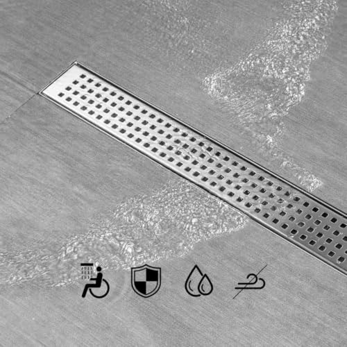 SaniteModar 24 inch Linear Shower Drain with Removable Square Hole Panel by Using Brushed 304 Stainless Steel Process, Linear Drain Equipped with Adjustable Feet and Hair Strainer | AISI 304 Stainless Steel Brushed Linear Dain Rectangle Shower Floor Drain