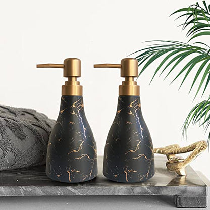 Ceramic Soap Dispenser with Marble Pattern - Black Dispenser for Bathroom and Kitchen - Liquid Hand Soap Pump Bottle - color: Black Marble Cone Bottle