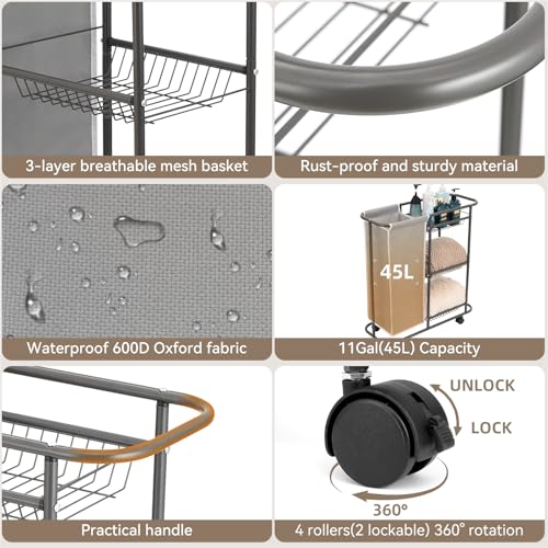 Rolling Laundry Sorter with 3 Storage Baskets and 45 L Bag, 3-Tier Laundry Caddy Between Washer and Dryer,Laundry Room Organization with Wheels and Handle for Narrow Space Bathroom Apartment Dorm | 3-Tier Laundry Caddy, Between Washer and Dryer, With Whee