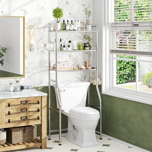 Simple Trending 3 Tier Over The Toilet Rack, Bathroom Shelves with 4 Hooks and Paper Holder, Bathroom Stand Organizer Space Saver, Chrome - color: Silver
