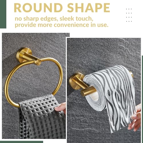 Brushed Gold Bathroom Hardware Set, 2 Pieces, 304 Stainless Steel | Rustproof for Bathroom Restroom Sink, 180° swivel towel ring, Toilet Paper Holder Fits Most Roll Size, Drilling Wall Mounted - color: Brushed Gold Oval Shape